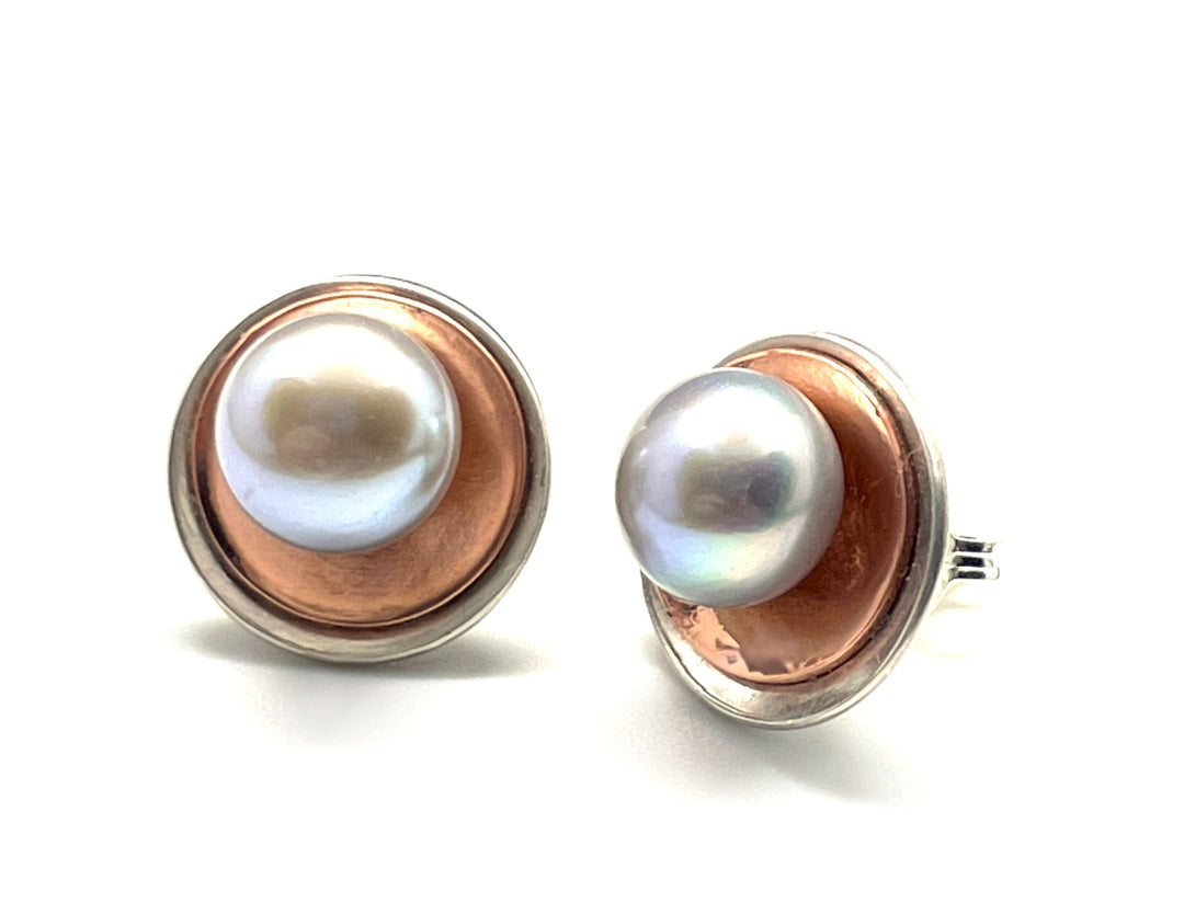 Copper on Sterling Silver Round Earrings with Pearls