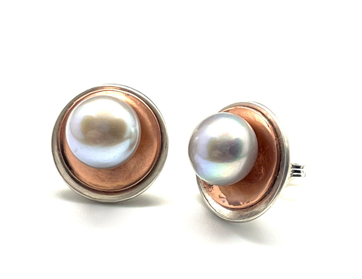 Copper on Sterling Silver Round Earrings with Pearls