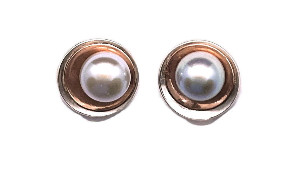 Copper on Sterling Silver Round Earrings with Pearls