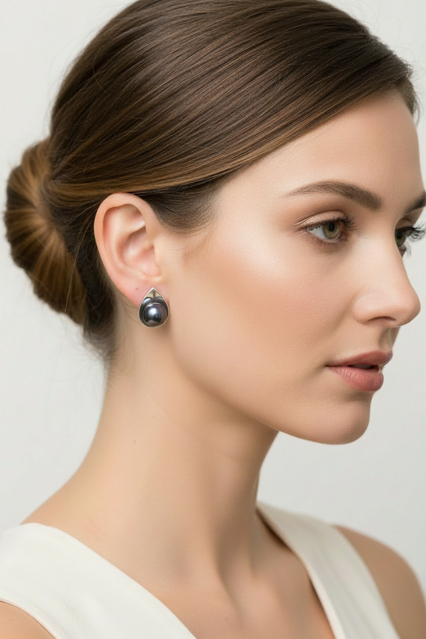 Woman wearing 15mm raindrop earrings